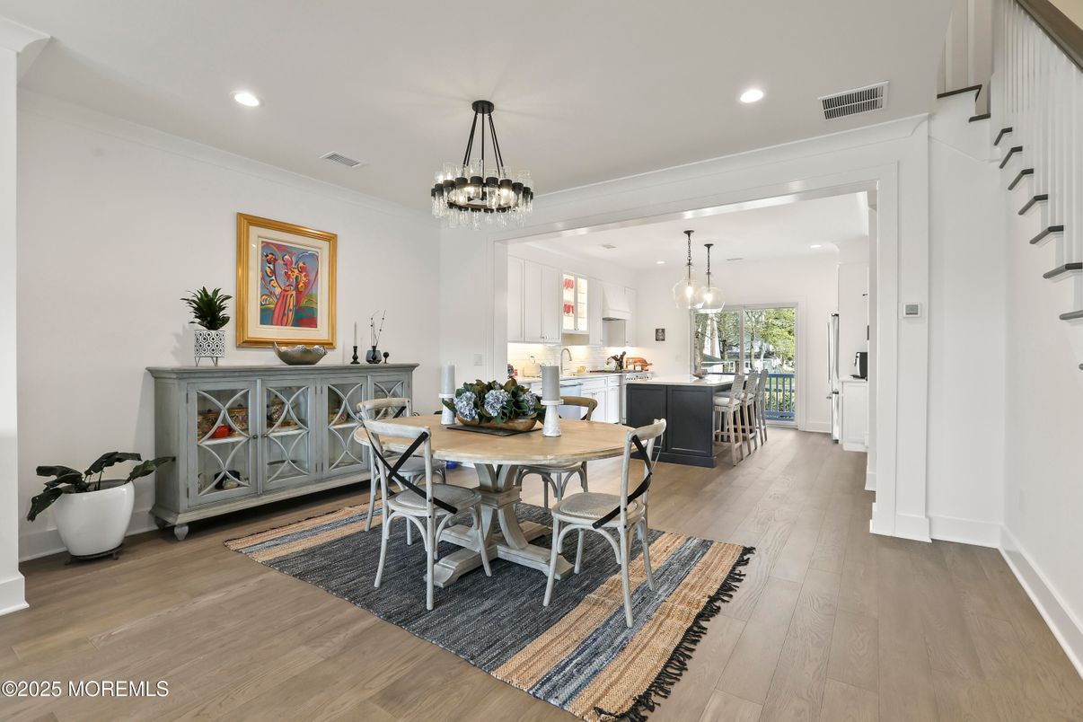Dining room, Interior, Pendant Lights, Recessed Lighting, Wood Texture Flooring