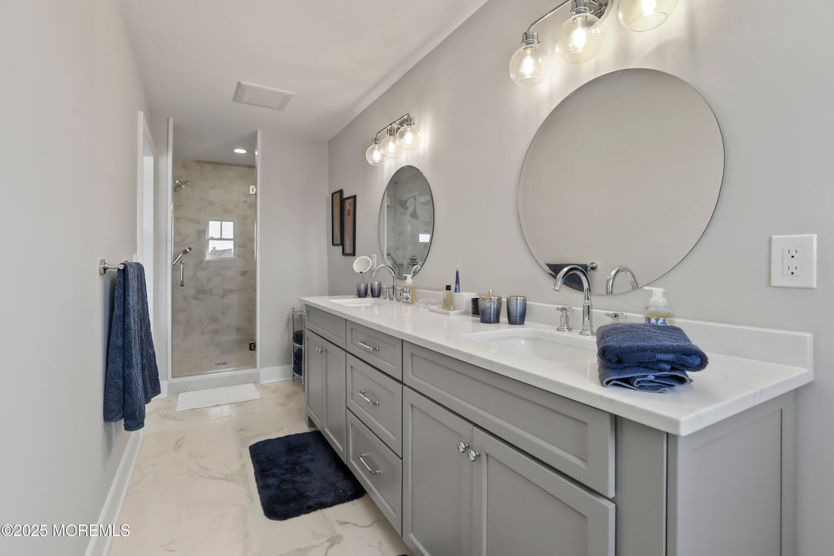 Bathroom, Dual Sink Vanities, Glass Shower, Interior, Marble, Recessed Lighting