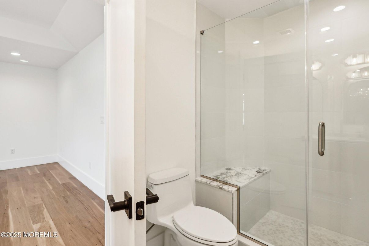 Bathroom, Glass Shower, Interior, Recessed Lighting, Wood Texture Flooring