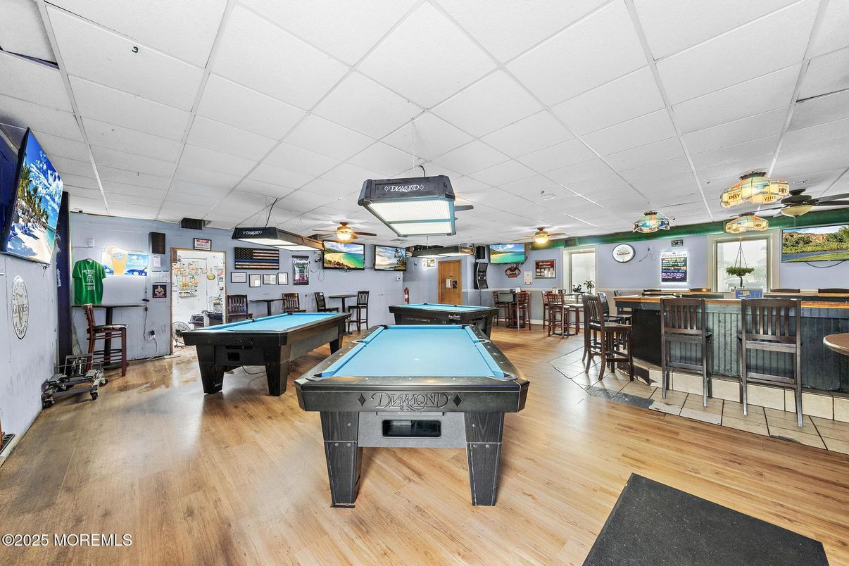 Billiard Table, Game Room, Interior, Pendant Lights, Wood Texture Flooring
