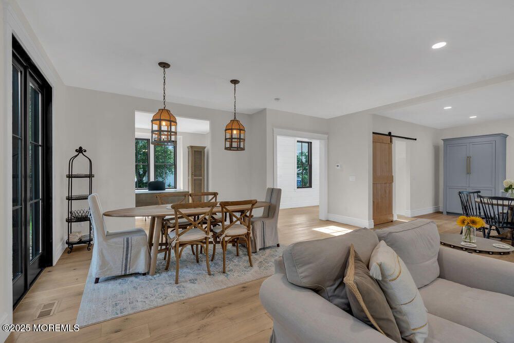 Dining room, Interior, Pendant Lights, Recessed Lighting, Wood Texture Flooring