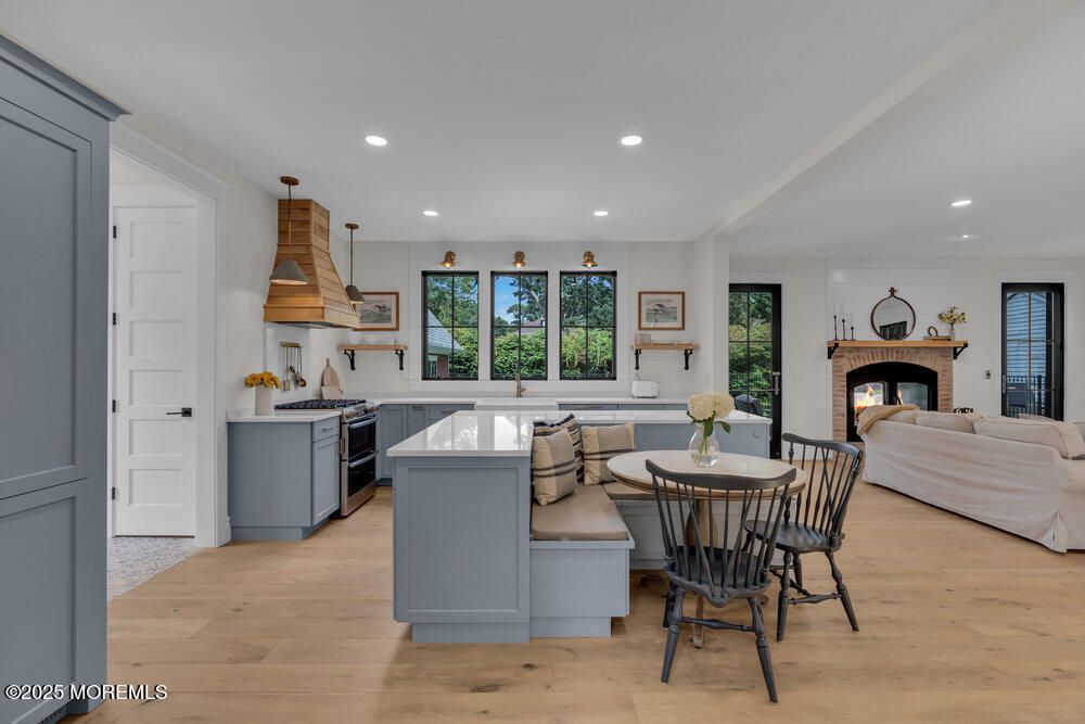 Fireplace, Interior, Kitchen, Living room, Pendant Lights, Recessed Lighting, Wood Texture Flooring