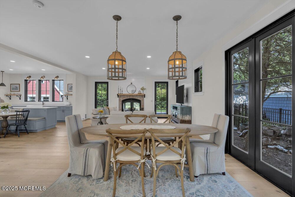 Dining room, Fireplace, Interior, Kitchen, Pendant Lights, Recessed Lighting, Wood Texture Flooring