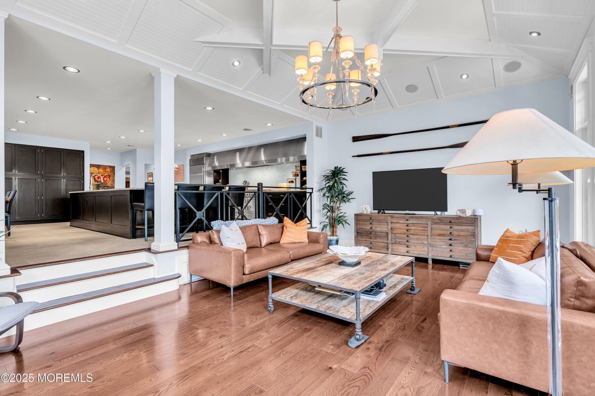 Chandelier, Interior, Kitchen, Living room, Recessed Lighting, Wood Texture Flooring