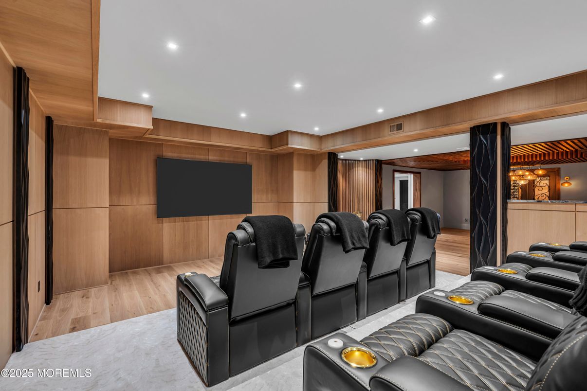 Home Theatre Room, Interior, Recessed Lighting, Theatre Room, Wood Texture Flooring, Wooden Walls