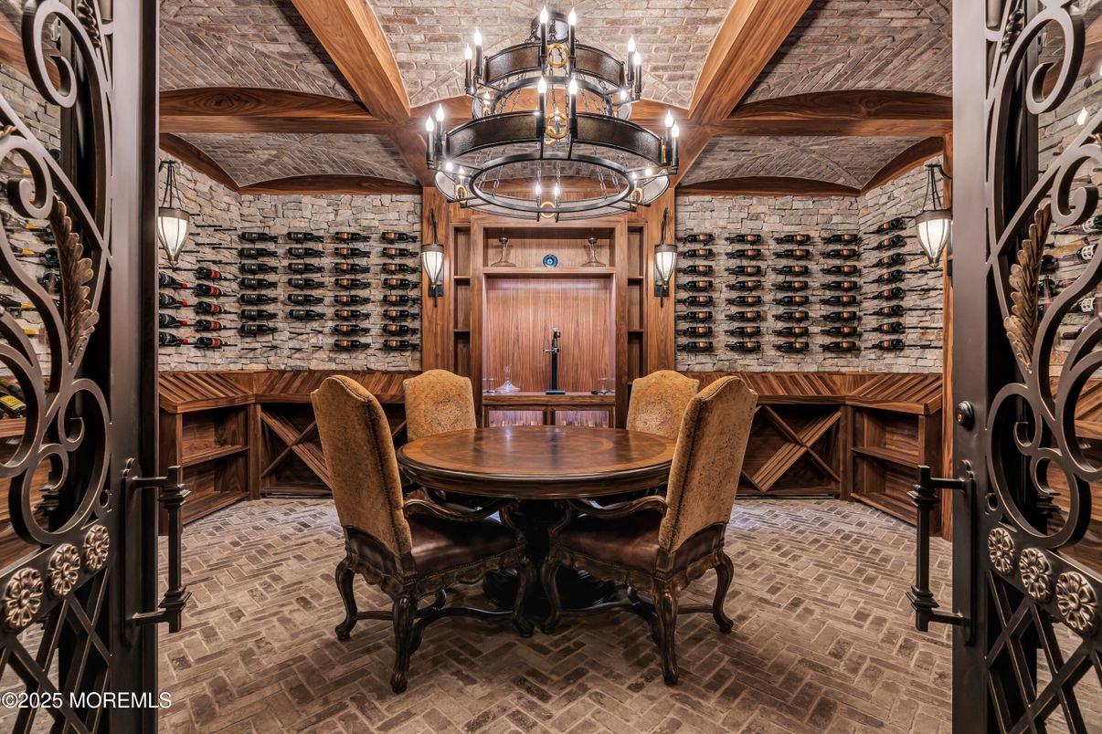 Chandelier, Interior, Stone Walls, Wine Storage, Wooden Beams, Wood Texture Flooring
