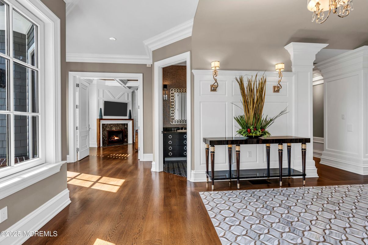 Fireplace, Interior, Recessed Lighting, Wood Texture Flooring