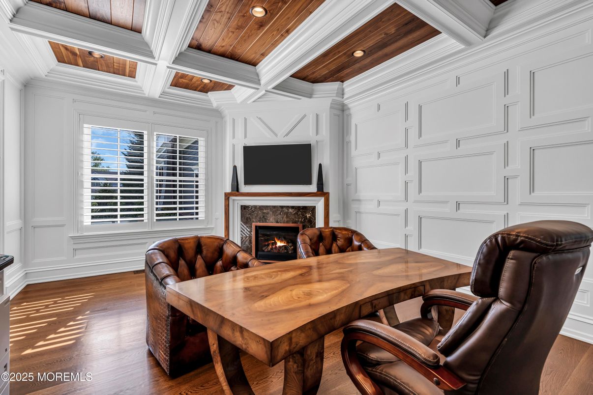 Fireplace, Home Office, Interior, Recessed Lighting, Wooden Ceilings, Wood Texture Flooring