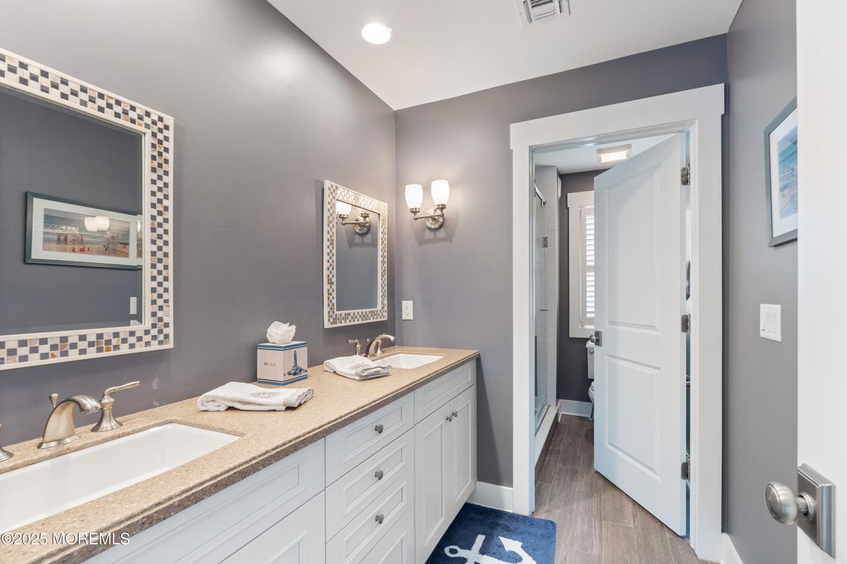 Bathroom, Dual Sink Vanities, Interior, Recessed Lighting, Wood Texture Flooring