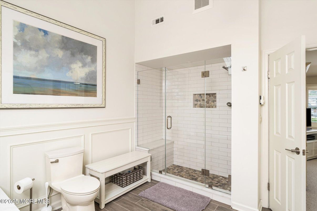 Bathroom, Glass Shower, Interior, Wood Texture Flooring