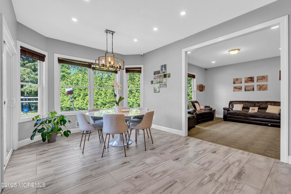 Dining room, Interior, Pendant Lights, Recessed Lighting, Wood Texture Flooring