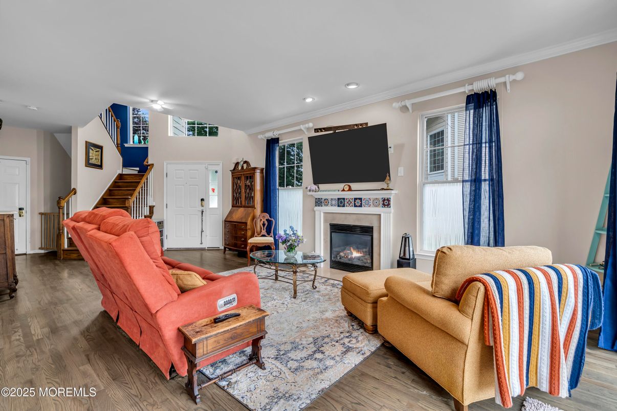 Fireplace, Interior, Living room, Recessed Lighting, Wood Texture Flooring