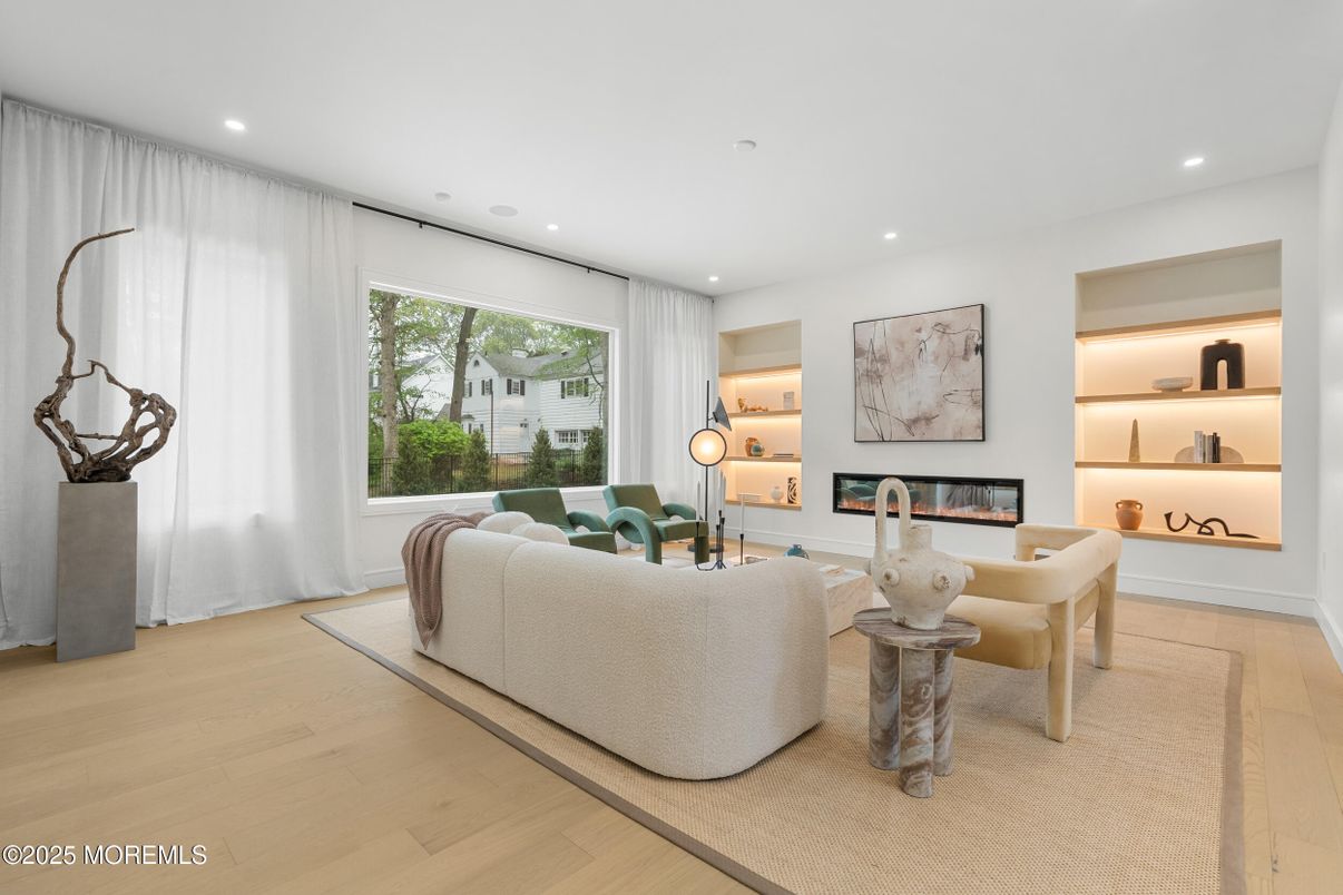 Fireplace, Interior, Living room, Recessed Lighting, Wood Texture Flooring