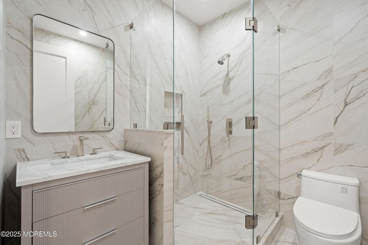 Bathroom, Glass Shower, Interior, Marble Walls, Recessed Lighting