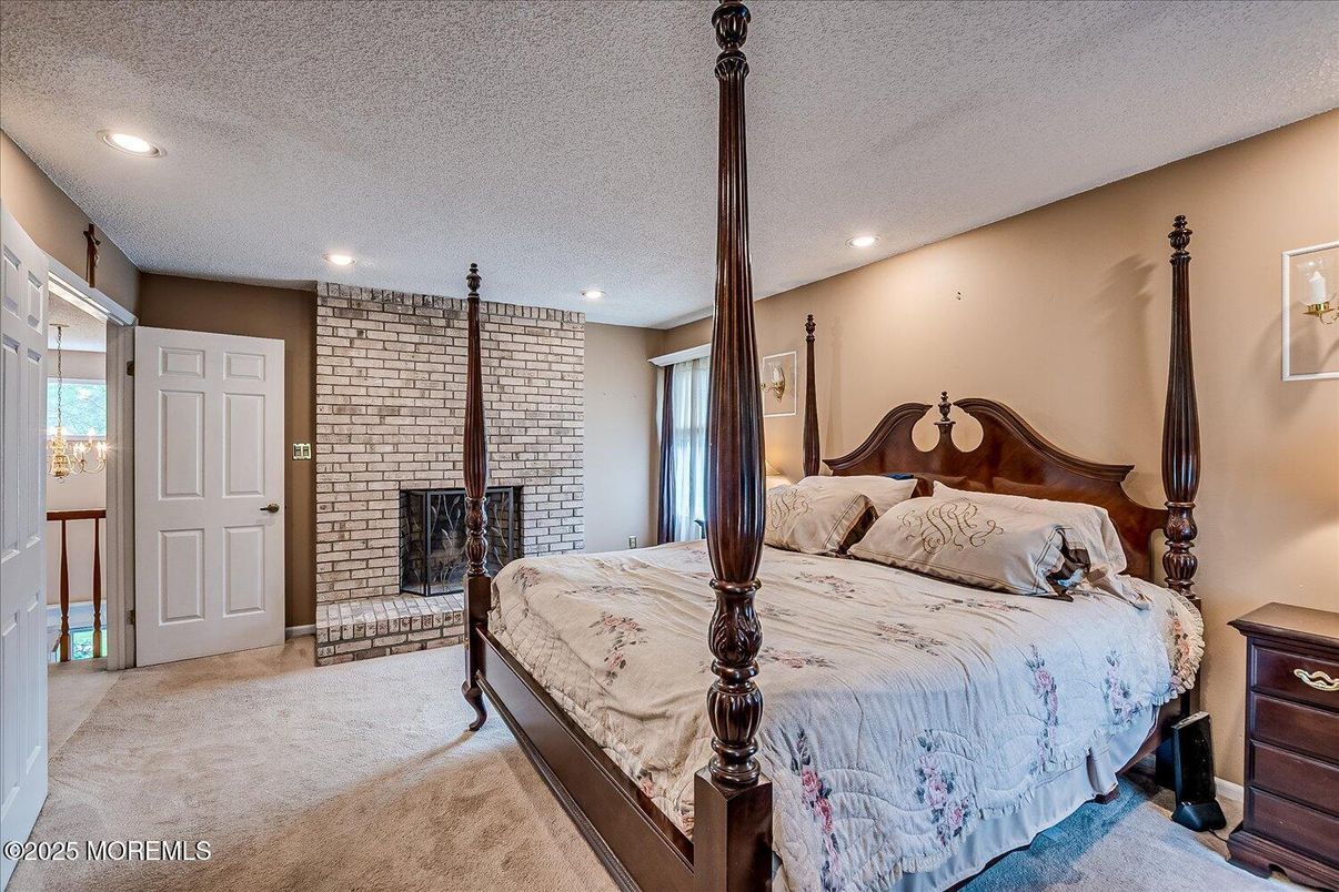 Bedroom, Fireplace, Interior, Recessed Lighting, Stone Walls