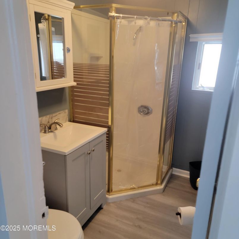 Bathroom, Glass Shower, Interior, Wood Texture Flooring