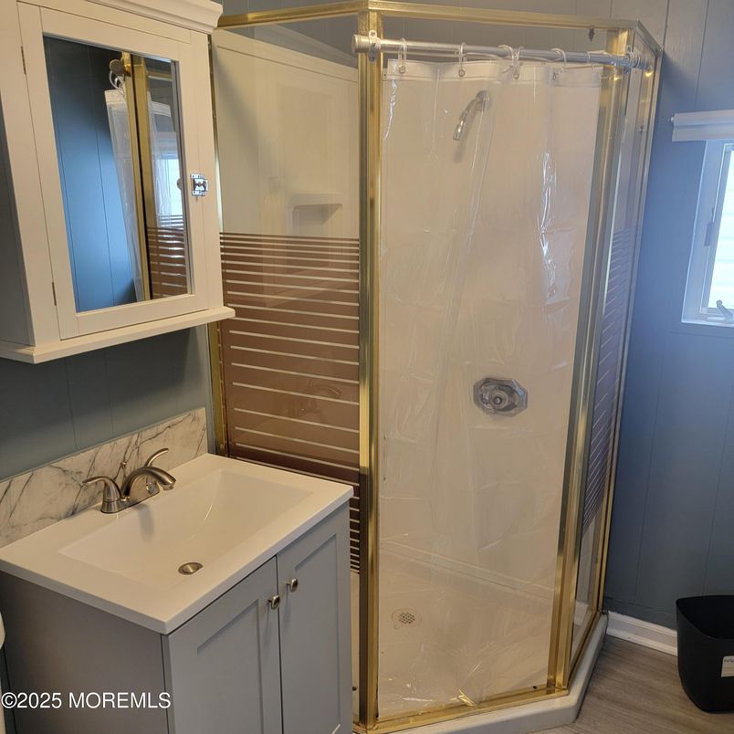 Bathroom, Glass Shower, Interior, Wood Texture Flooring