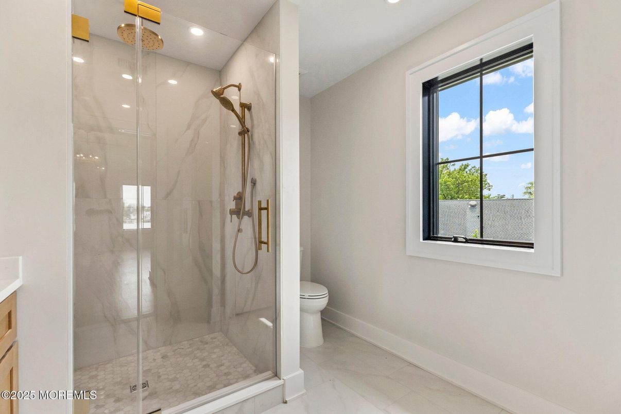 Bathroom, Glass Shower, Interior, Marble, Marble Walls, Recessed Lighting