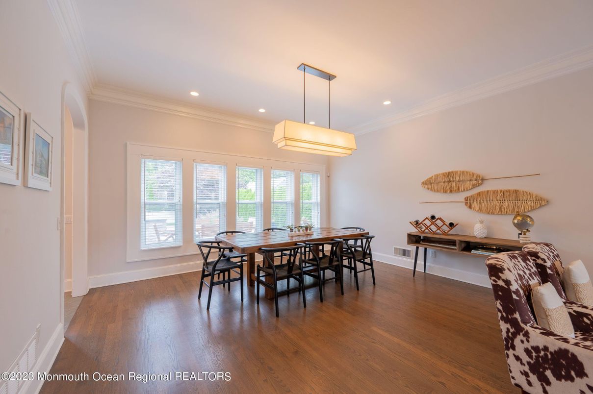 Dining room, Interior, Pendant Lights, Recessed Lighting, Wood Texture Flooring