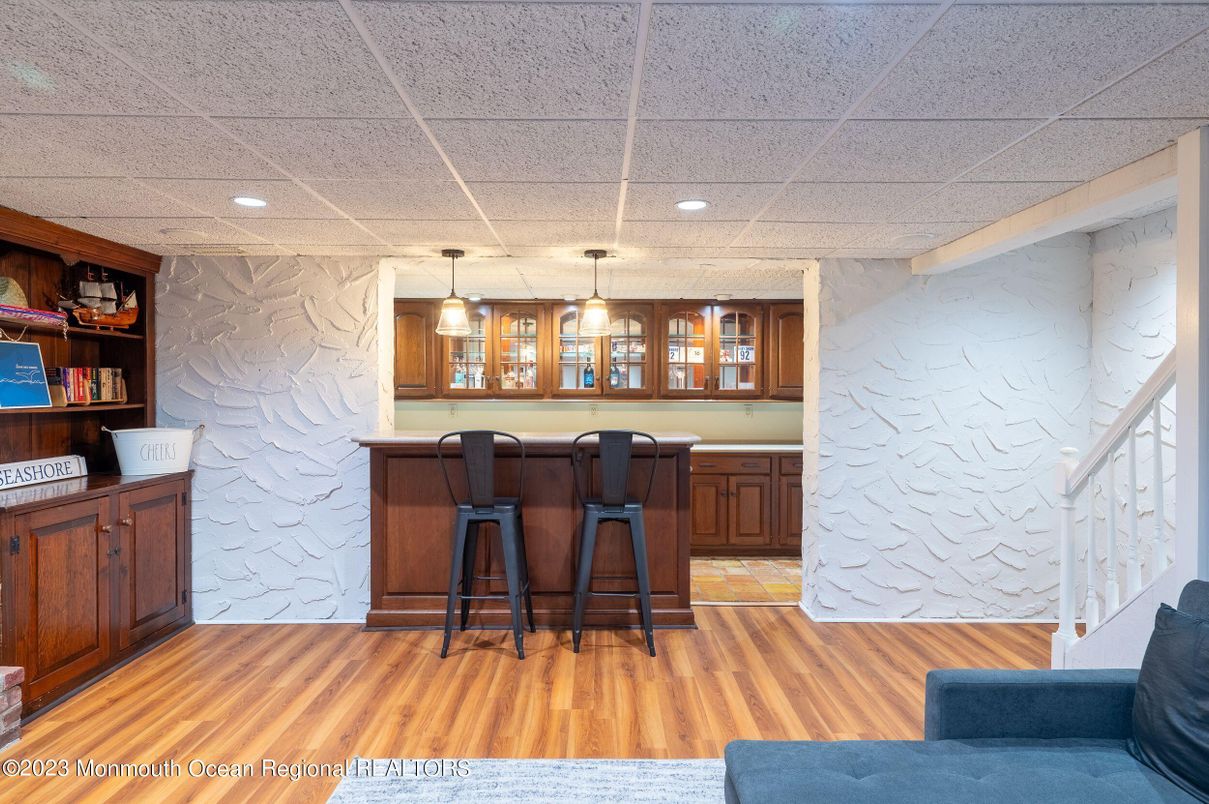 Interior, Pendant Lights, Recessed Lighting, Stone Walls, Wood Texture Flooring