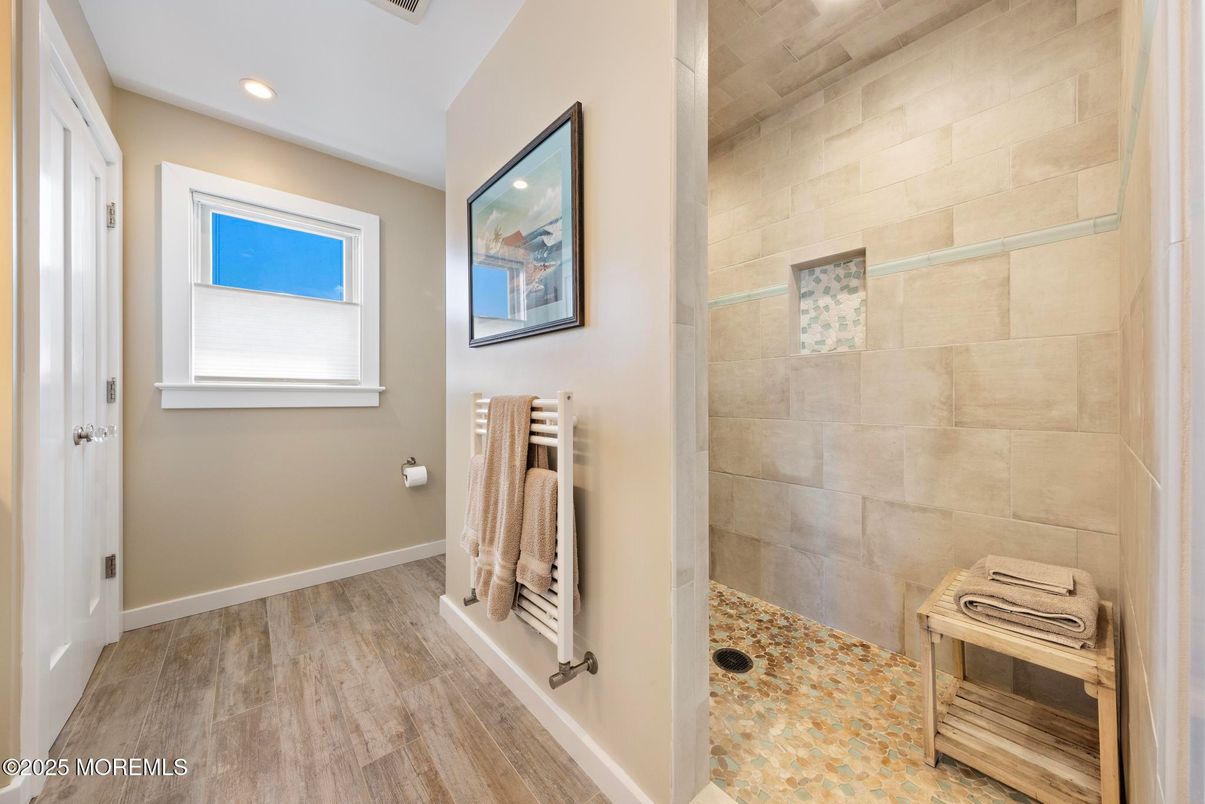 Bathroom, Interior, Recessed Lighting, Stone Walls, Wood Texture Flooring