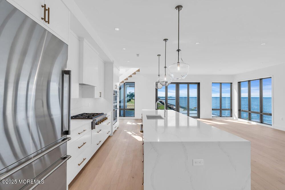 Interior, Kitchen, Pendant Lights, Recessed Lighting, Stainless Steel Appliances, Water, Wood Texture Flooring