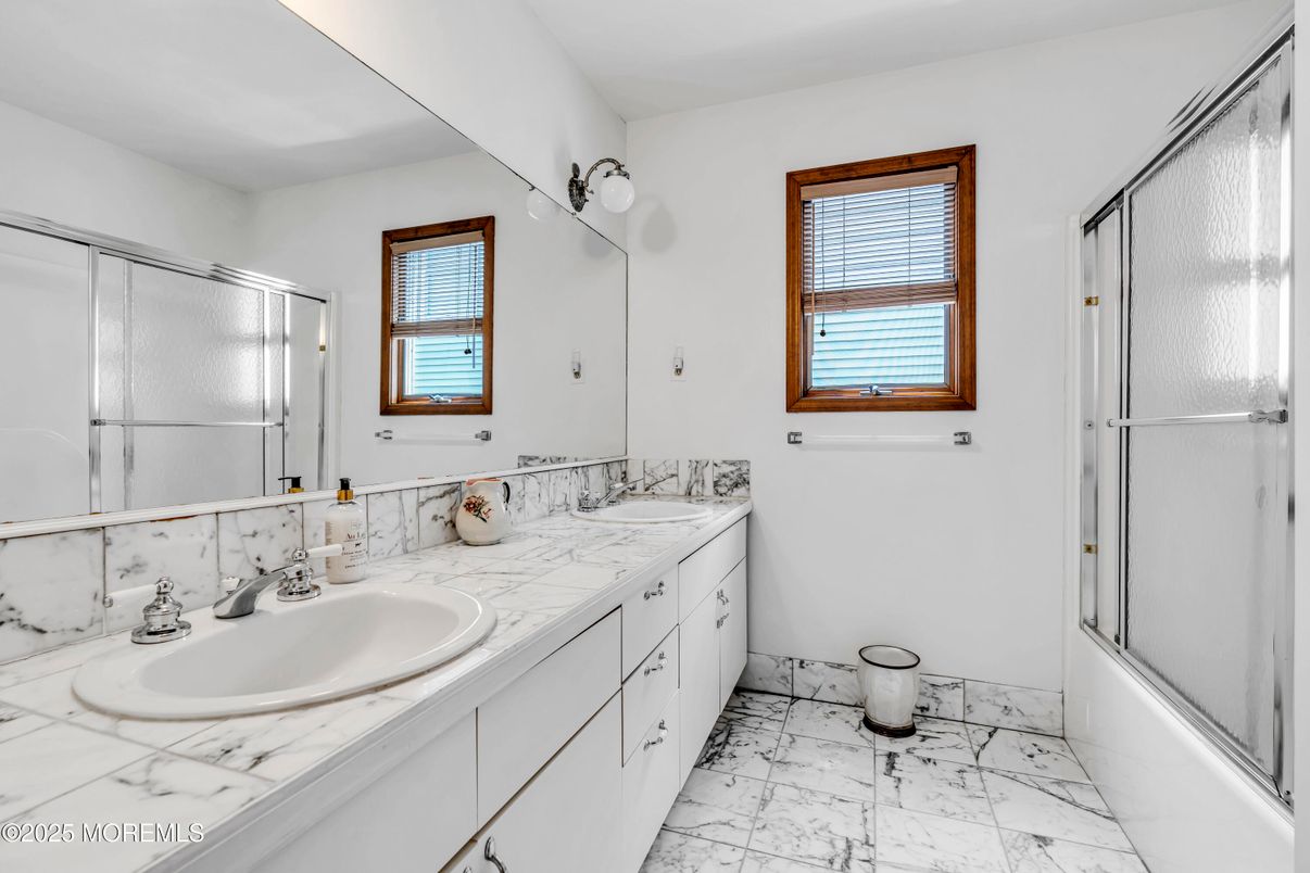 Bathroom, Dual Sink Vanities, Glass Shower, Interior, Marble, Tile Countertops