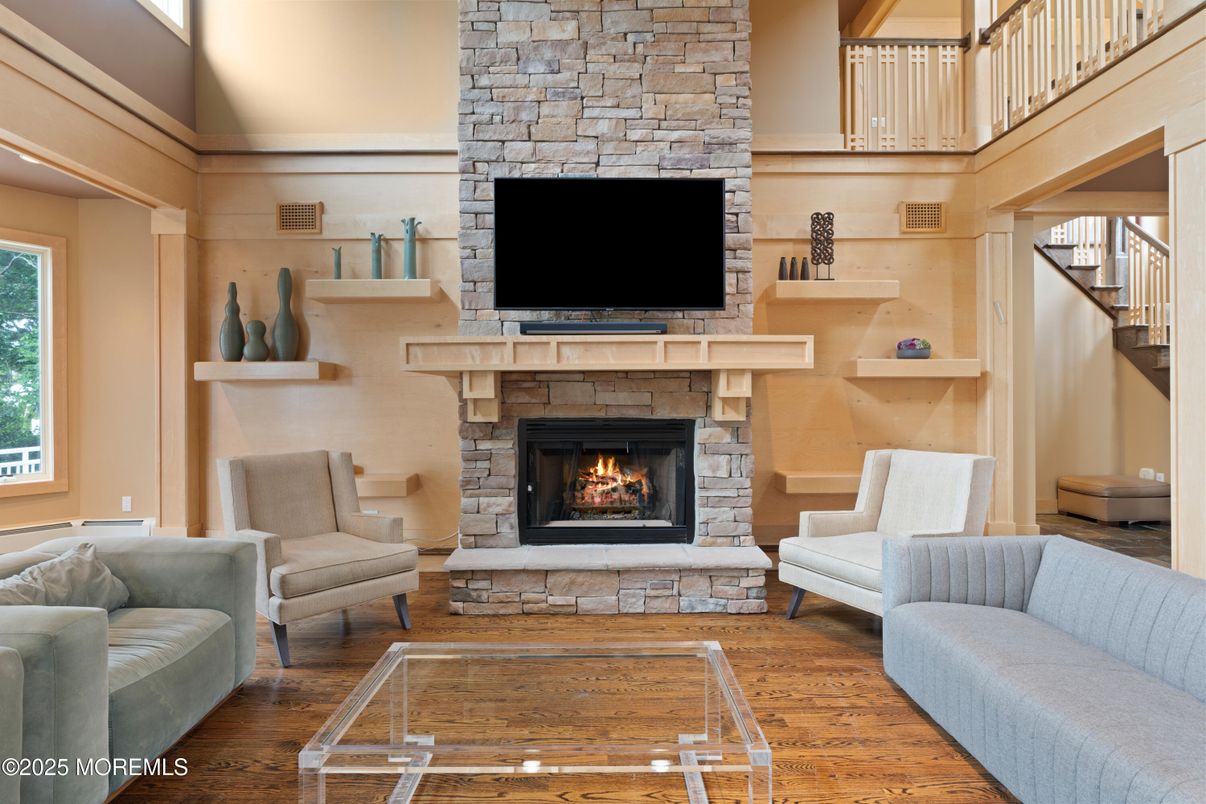 Fireplace, Interior, Living room, Stone Walls, Wood Texture Flooring