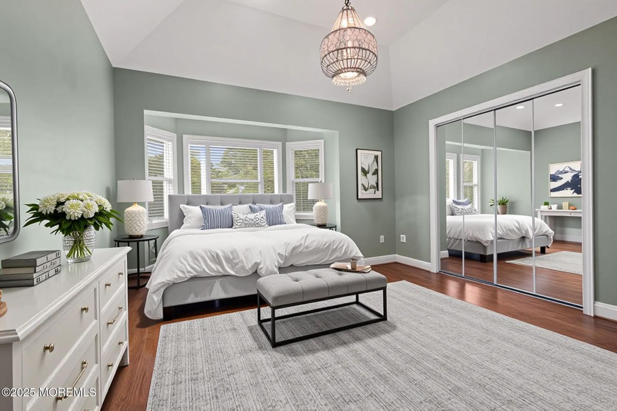 Bedroom, Chandelier, Interior, Recessed Lighting, Wood Texture Flooring