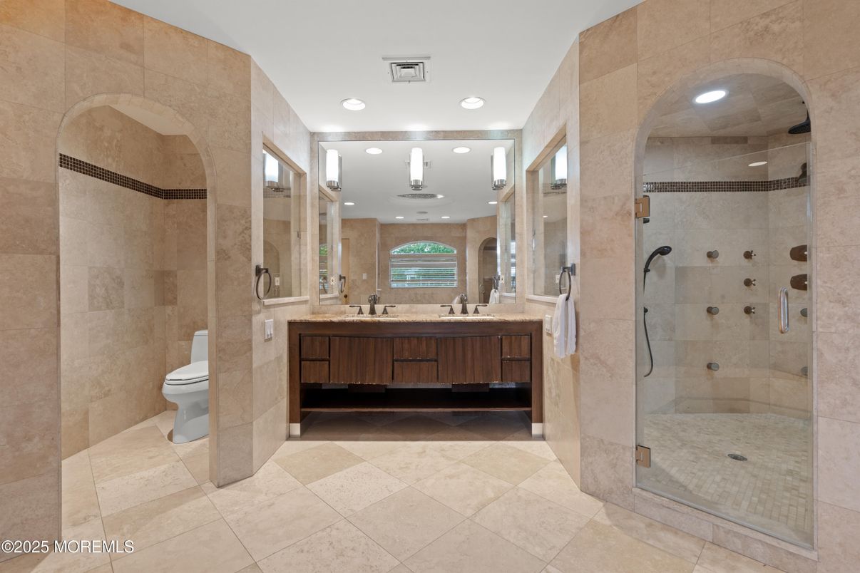 Bathroom, Dual Sink Vanities, Glass Shower, Interior, Recessed Lighting