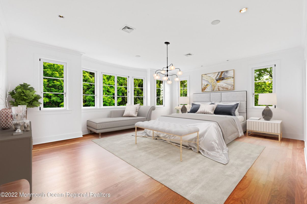 Bedroom, Interior, Pendant Lights, Recessed Lighting, Wood Texture Flooring