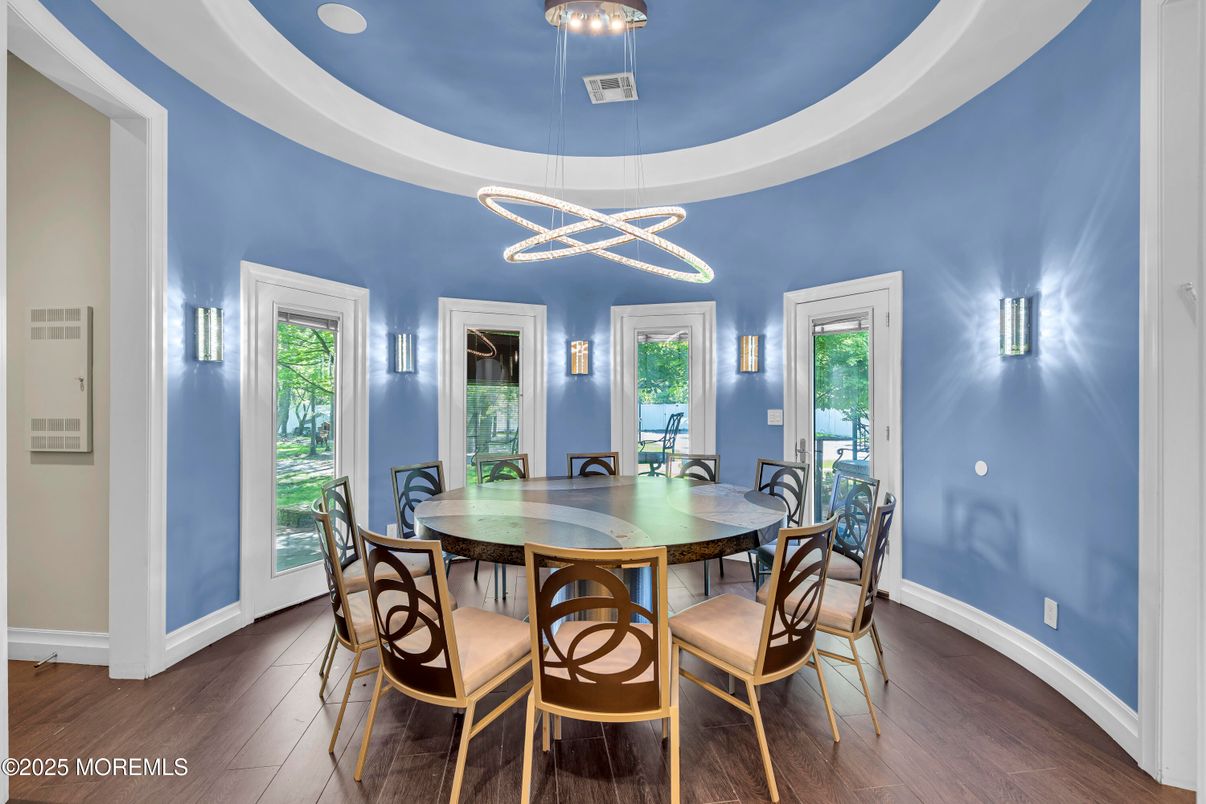 Dining room, Interior, Pendant Lights, Wood Texture Flooring