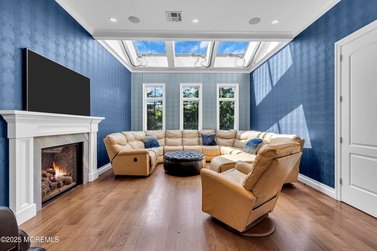Fireplace, Interior, Living room, Recessed Lighting, Wood Texture Flooring