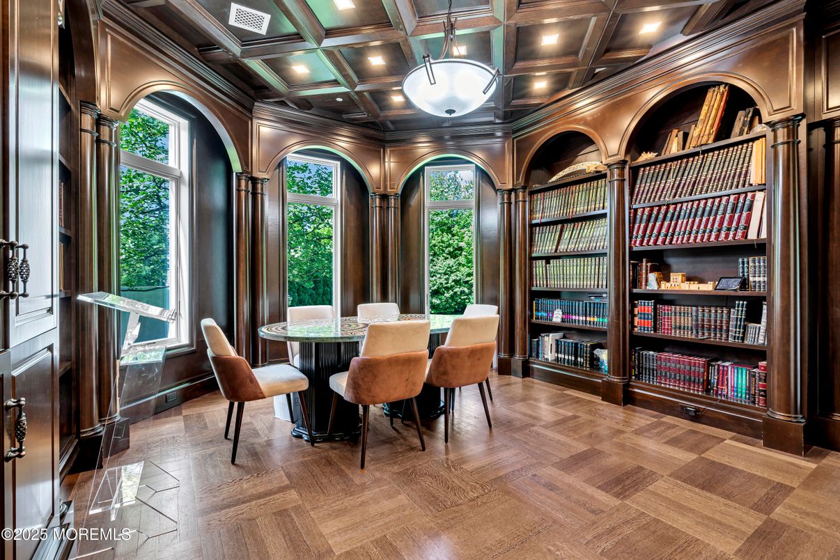 Dining room, Interior, Pendant Lights, Recessed Lighting, Wood Texture Flooring