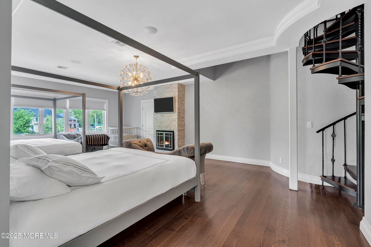 Bedroom, Fireplace, Interior, Pendant Lights, Wood Texture Flooring