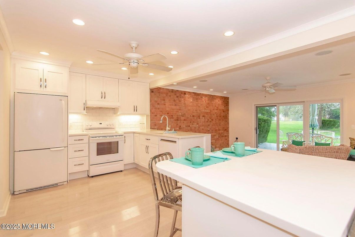 Interior, Kitchen, Recessed Lighting, Stone Walls, Wood Texture Flooring
