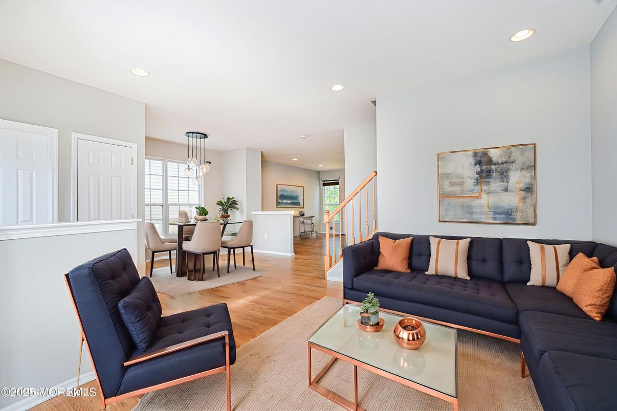 Dining room, Interior, Living room, Pendant Lights, Recessed Lighting, Wood Texture Flooring