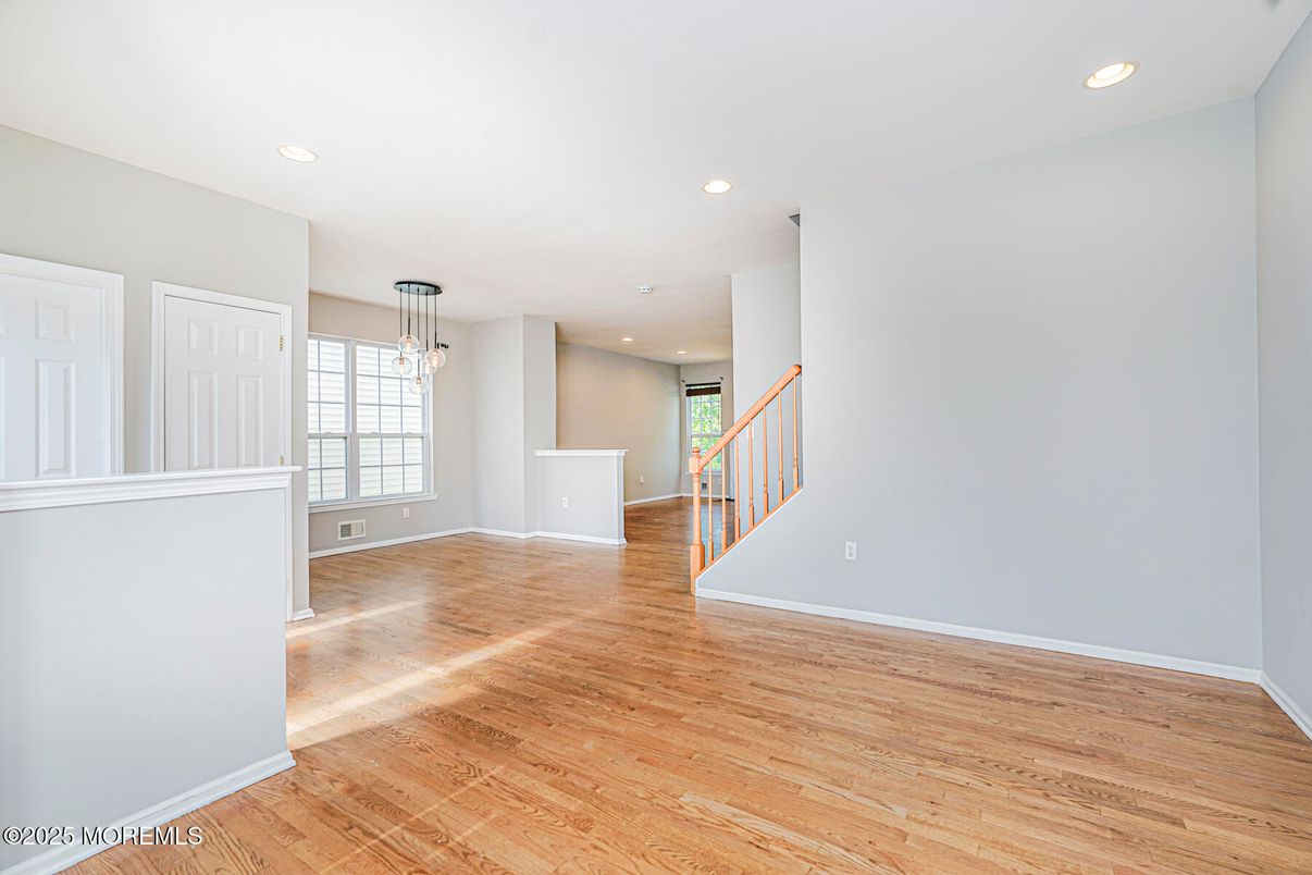 Empty room, Interior, Pendant Lights, Recessed Lighting, Wood Texture Flooring
