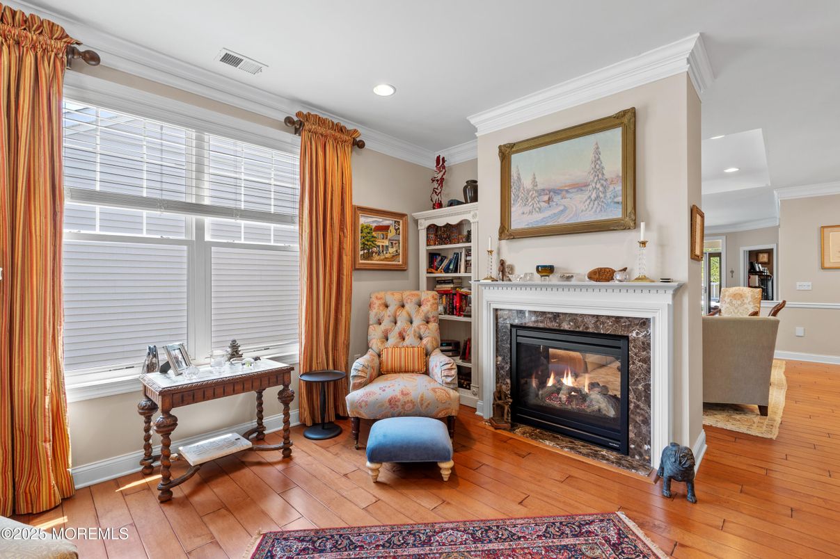Fireplace, Interior, Recessed Lighting, Wood Texture Flooring