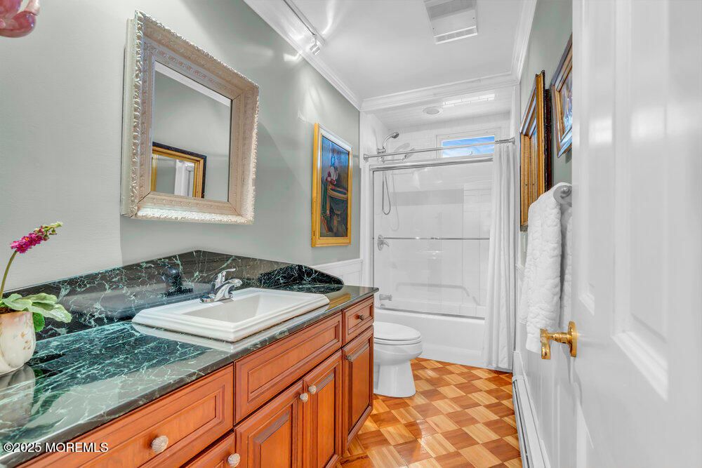 Bathroom, Dual Sink Vanities, Glass Shower, Interior, Wood Texture Flooring