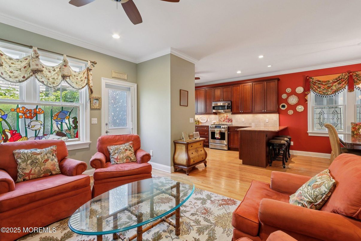 Interior, Kitchen, Living room, Recessed Lighting, Stainless Steel Appliances, Wood Texture Flooring