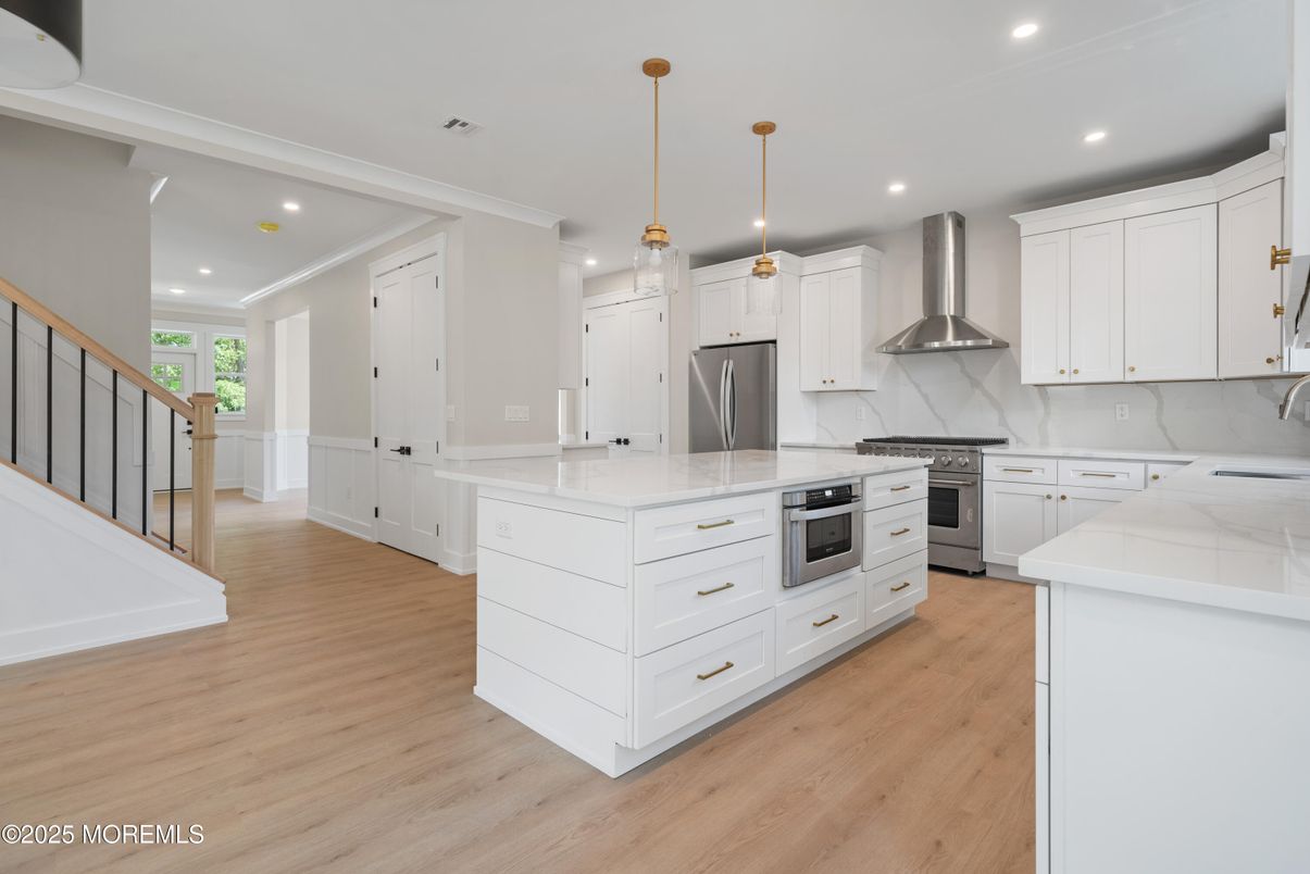 Interior, Kitchen, Pendant Lights, Recessed Lighting, Stainless Steel Appliances, Wood Texture Flooring