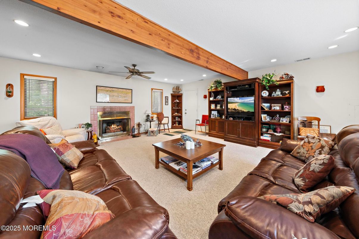 Fireplace, Interior, Living room, Recessed Lighting, Wooden Beams