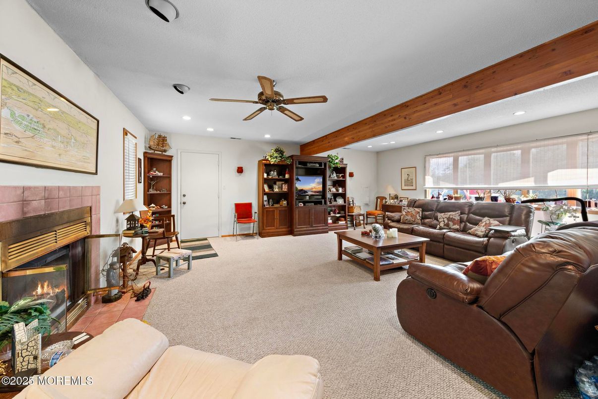 Fireplace, Interior, Living room, Recessed Lighting, Wooden Beams