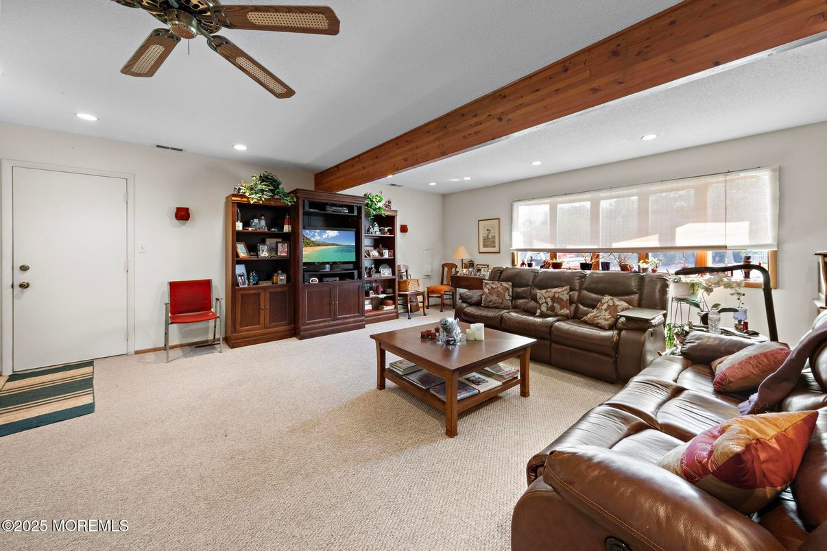 Interior, Living room, Recessed Lighting, Wooden Beams