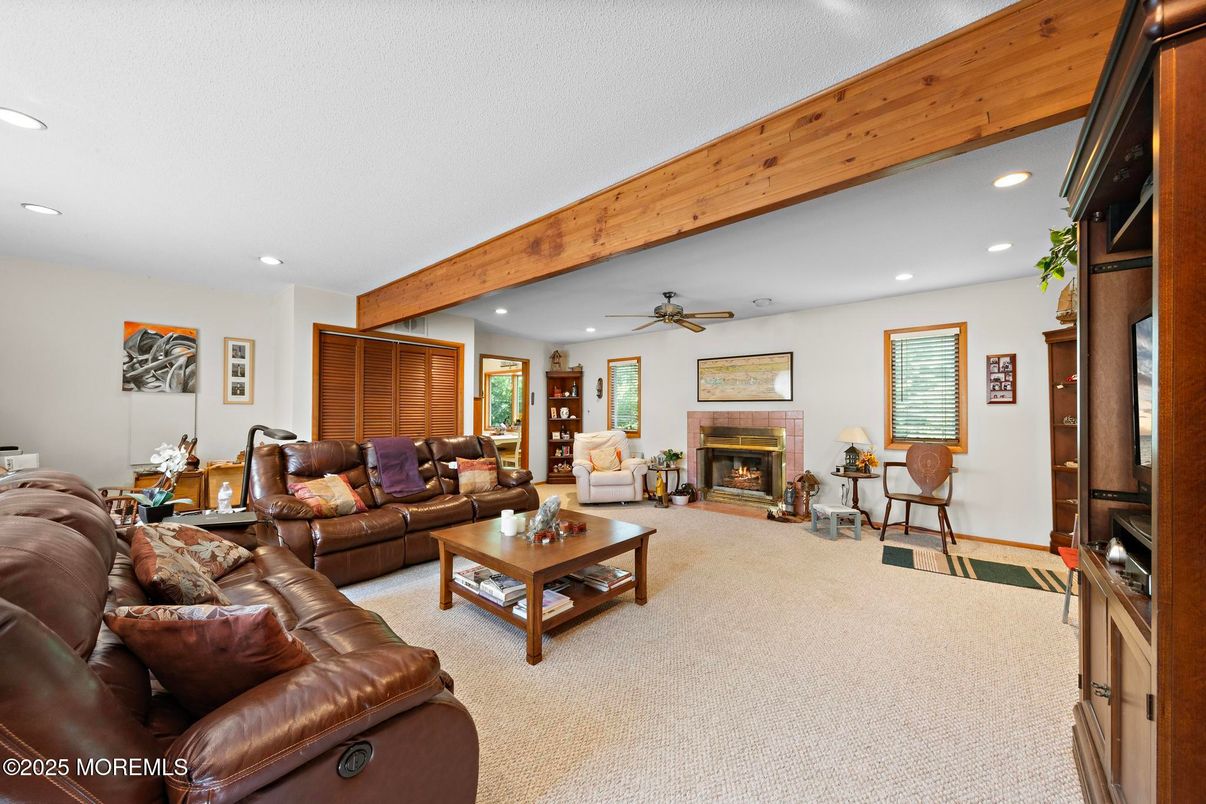 Fireplace, Interior, Living room, Recessed Lighting, Wooden Beams