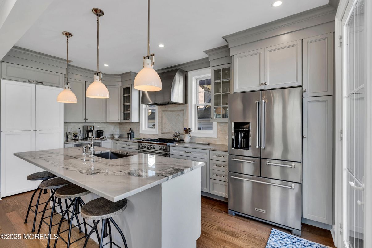 Interior, Kitchen, Pendant Lights, Recessed Lighting, Stainless Steel Appliances, Wood Texture Flooring