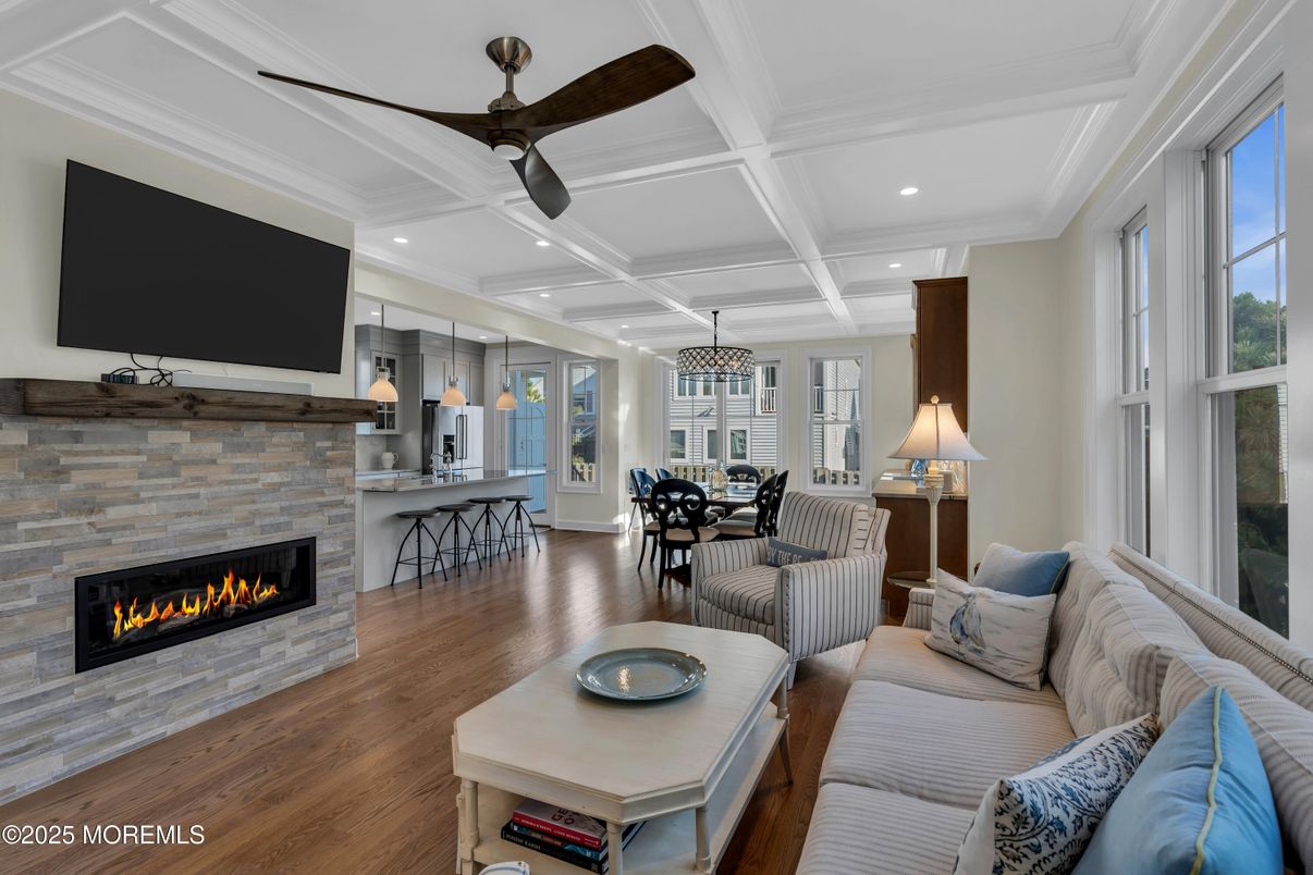 Dining room, Fireplace, Interior, Kitchen, Living room, Pendant Lights, Recessed Lighting, Stone Walls, Wood Texture Flooring