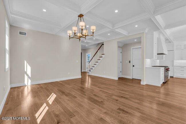 Chandelier, Empty room, Interior, Recessed Lighting, Wood Texture Flooring