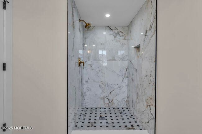 Bathroom, Glass Shower, Interior, Marble Walls, Recessed Lighting